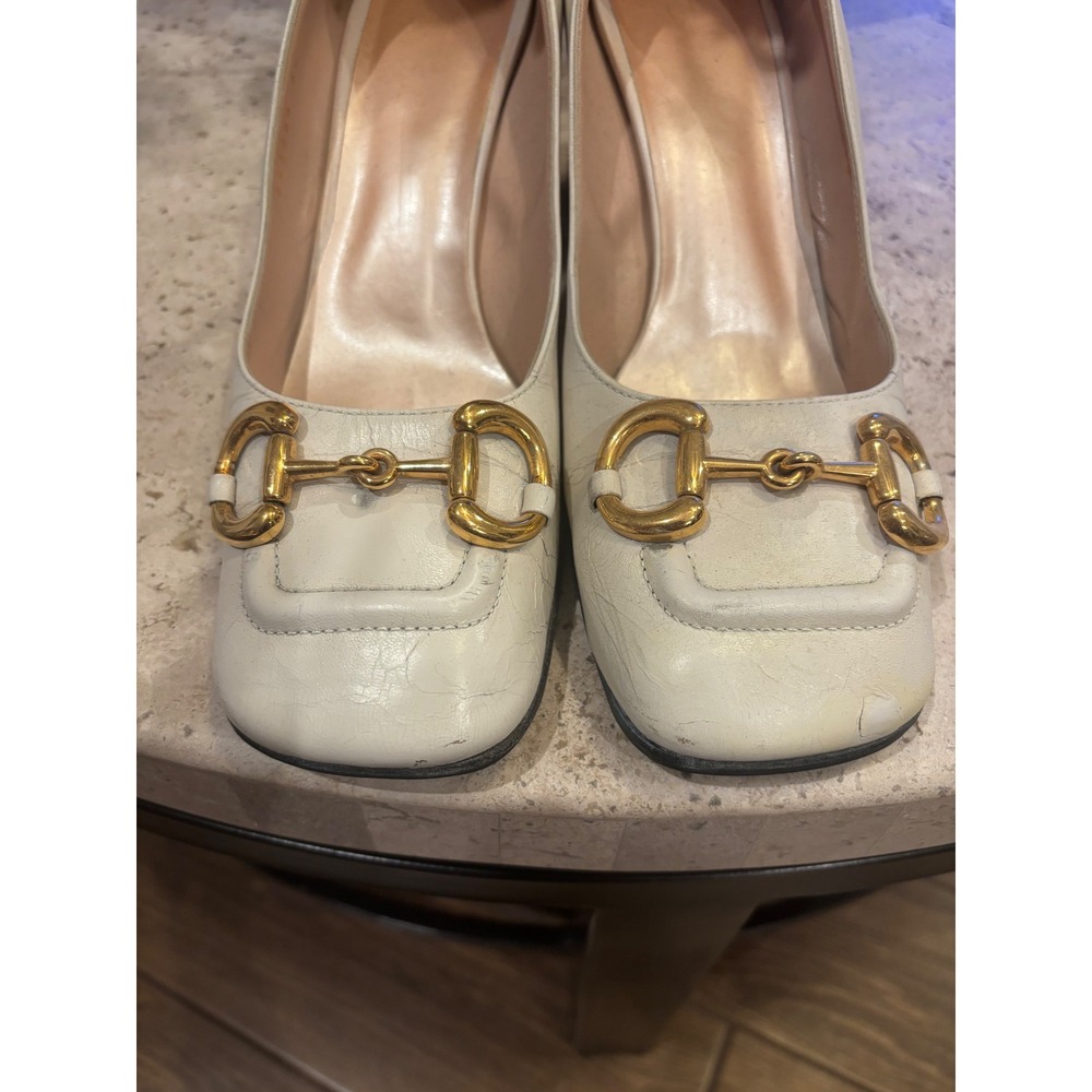 Gucci Horsebit Cream Leather Block Heel Pumps Square Toe Size 38 Made in Italy
